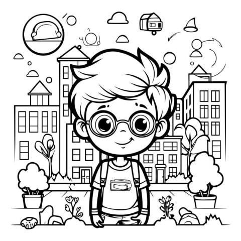 Outline illustration of a little boy wearing glasses. standing i