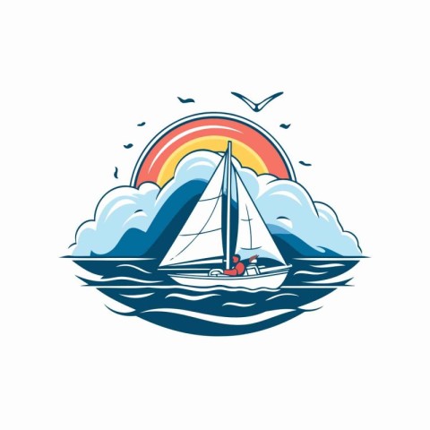 Yacht sailing on the sea. Vector illustration of a sailboat in t