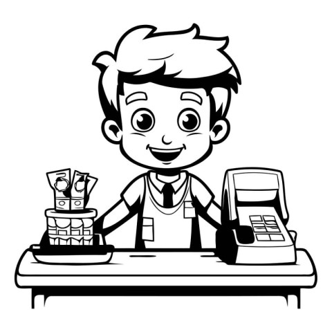 Happy boy with cash register and credit card. Black and white ve