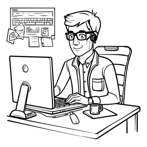 illustration of a man working on a computer at his desk in the o