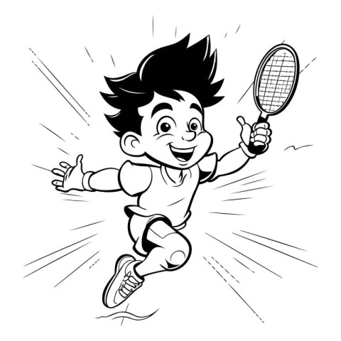 Cartoon illustration of a boy playing badminton or tennis.