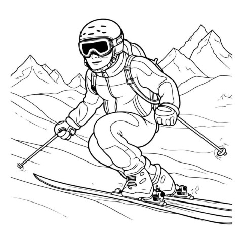 Skier skiing in mountains. Black and white vector illustration f