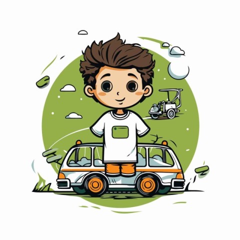 Cartoon boy driving a car. Vector illustration on white backgrou