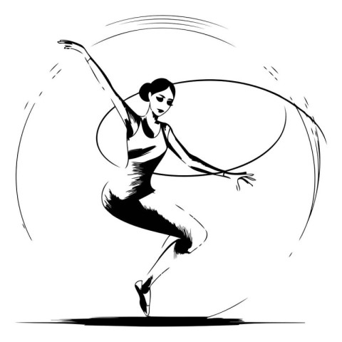 Vector illustration of a young woman gymnast with hoop. Black an