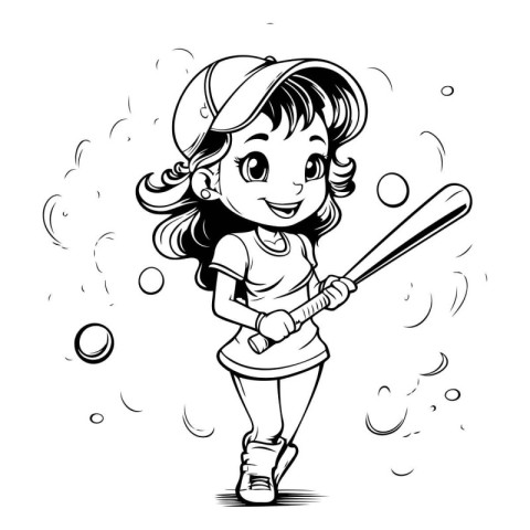 Little girl playing baseball - black and white vector illustrati