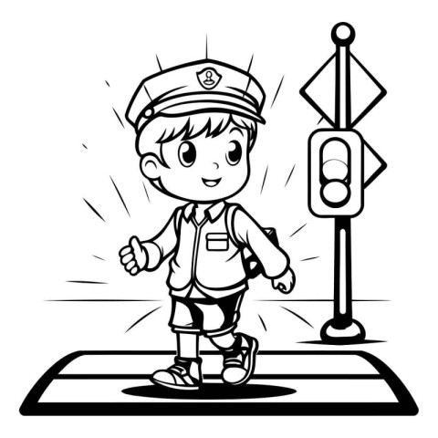 Cartoon illustration of a boy police officer standing on the roa