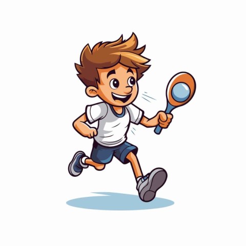 Cartoon boy playing badminton. Vector illustration on white back