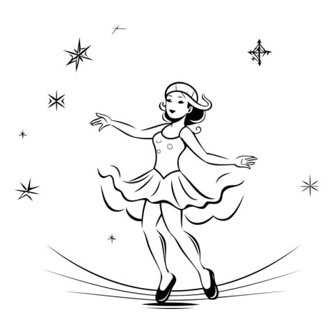 Black and white illustration of a ballerina in a tutu dancing on