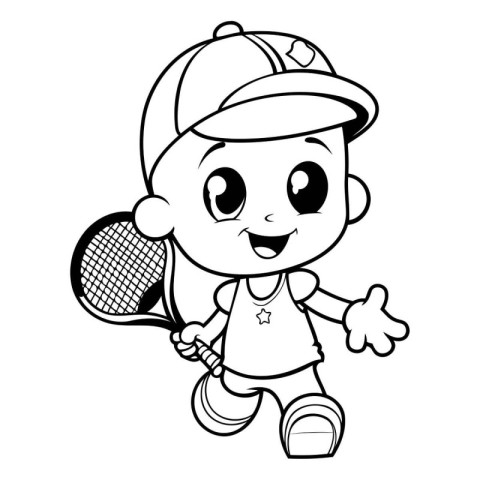 Black and White Cartoon Illustration of a Kid Playing Tennis Col