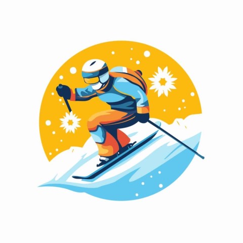 Skier skiing in the mountains. Vector illustration. Cartoon styl