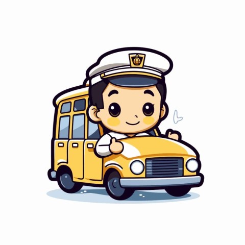 Cute Cartoon Police Officer on Yellow School Bus - Vector Illust