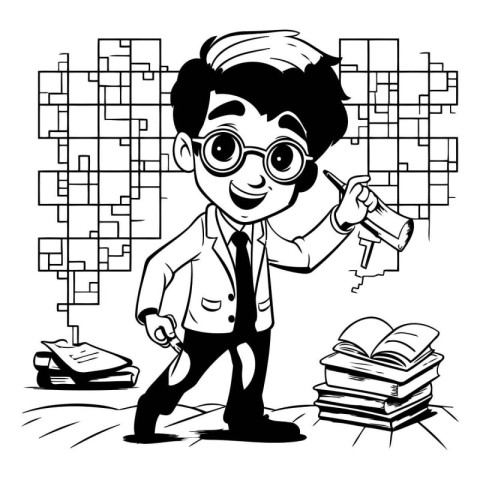 Black and White Cartoon Illustration of a Kid Boy Student Studyi