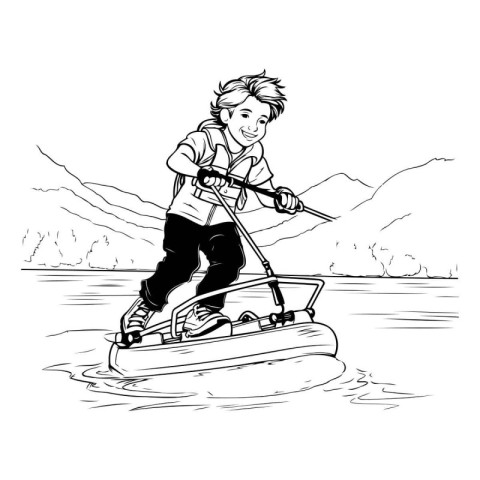 illustration of a boy riding a boat on a lake. Vector illustrati