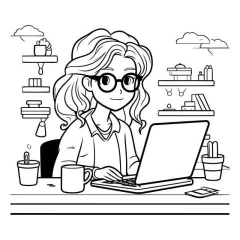 Girl working on laptop at home. Vector illustration in black and