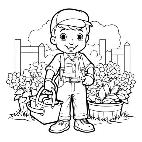 Black and White Cartoon Illustration of Cute Gardener or Gardene