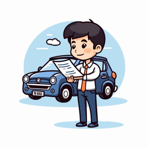 Businessman with car. Vector illustration in cartoon style on wh