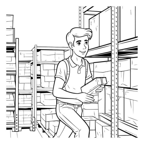 Man working in warehouse. Black and white vector illustration fo