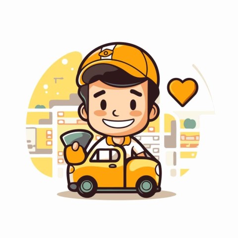 Cute delivery boy with car. Vector flat cartoon character illust