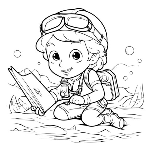 Black and White Cartoon Illustration of Cute Little Boy Pilot Ch