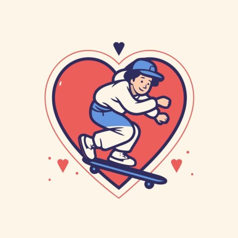 Skateboarder riding on a red heart. Vector illustration.