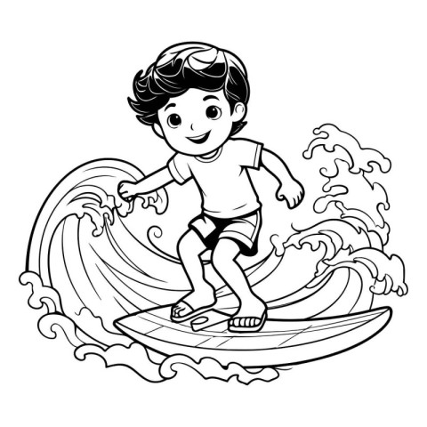 Boy surfing on a wave. black and white vector illustration for c