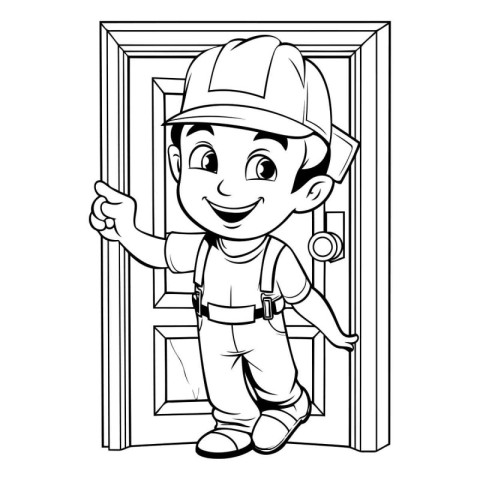 Fireman at door - Black and White Cartoon Illustration. Vector