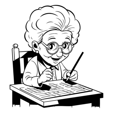 Grandmother doing homework - Black and White Cartoon Illustratio