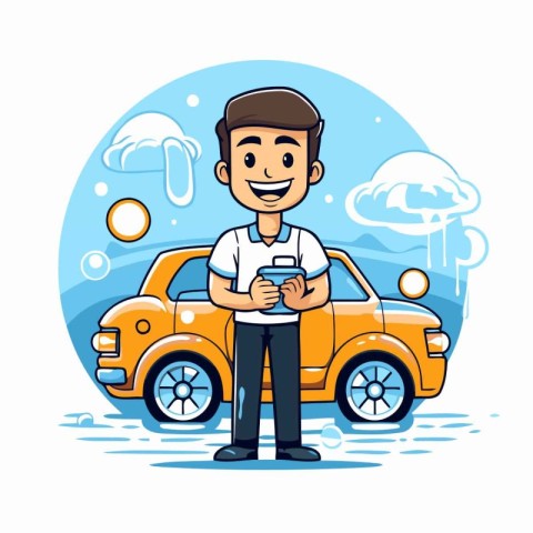 Man with mobile phone and car. Vector illustration in cartoon st