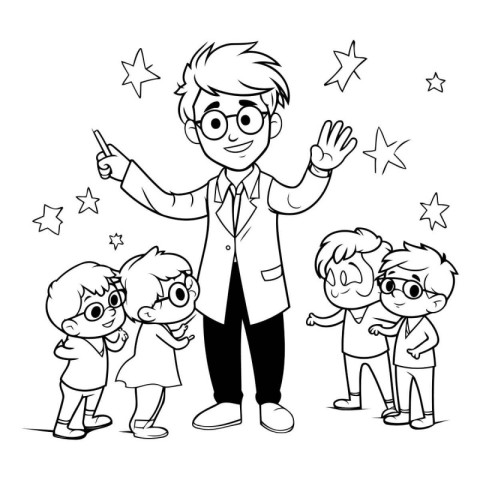 Teacher and children vector illustration. Coloring book for kids