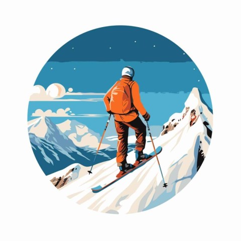 Ski touring in the mountains. Vector illustration in retro style