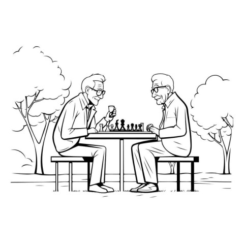 Old people playing chess in the park. Black and white vector ill