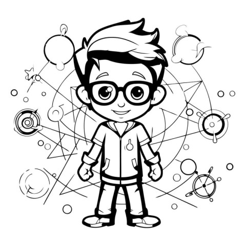 Cute cartoon astronaut boy. Black and white vector illustration