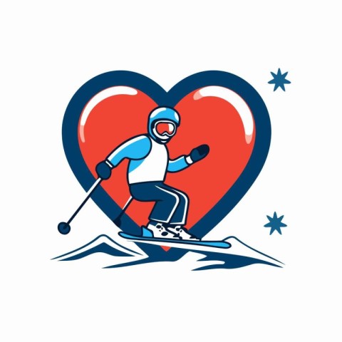 Cross-country skier with a red heart. Vector illustration.