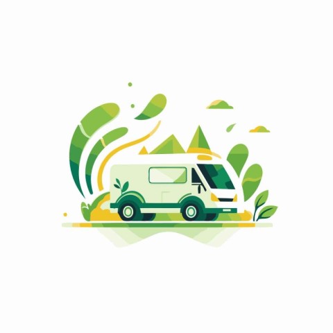 Camping flat vector icon. Car. caravan and landscape illustratio