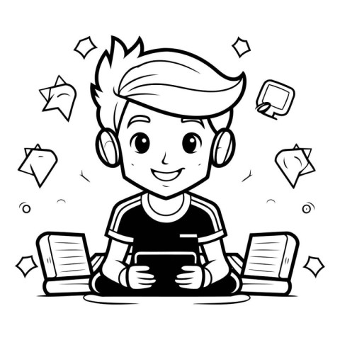 Black and White Cartoon Illustration of Teenage Boy Studying or