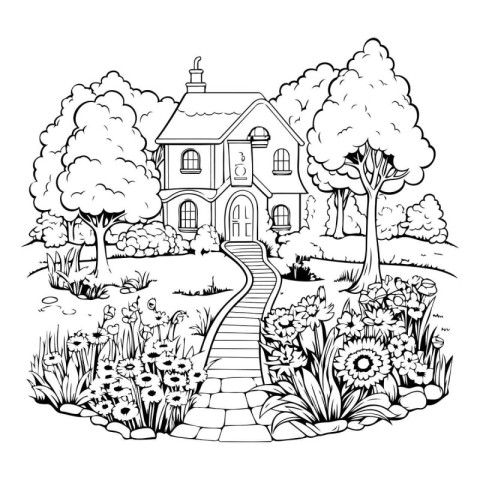 Garden with house and flowers. Black and white vector illustrati