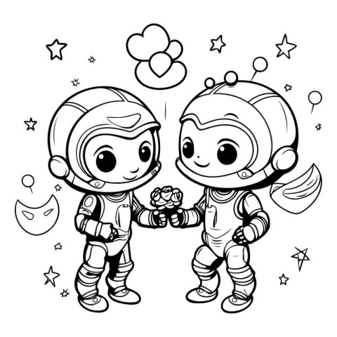 Coloring book for children: Astronaut boy and girl. Vector illus