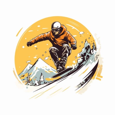 Snowboarder on the mountains. Vector illustration in retro style