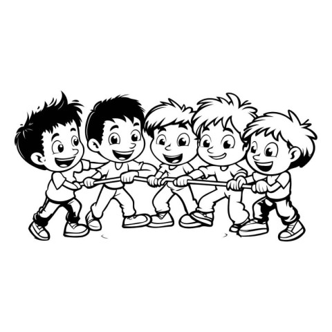 Children playing tug-of-war - black and white illustration.