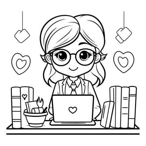 Girl with laptop and books. Coloring book for children. Vector i