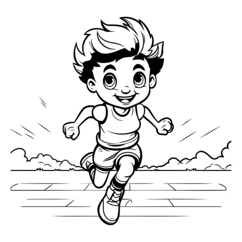 Black and White Cartoon Illustration of Kid Running or Running f