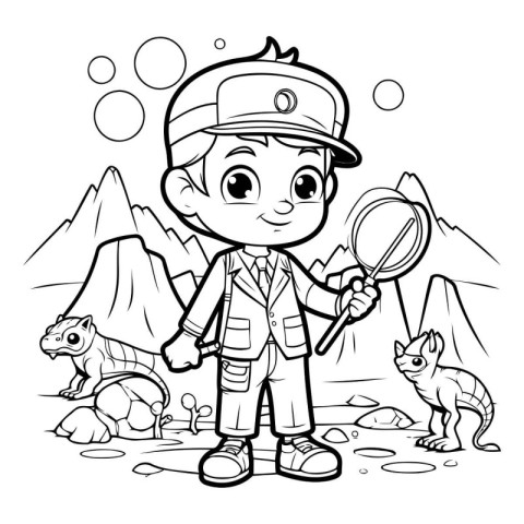 Black and White Cartoon Illustration of Kid Boy Searching for An