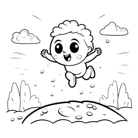 Illustration of a Cute Baby Boy Jumping Outdoors - Coloring Book