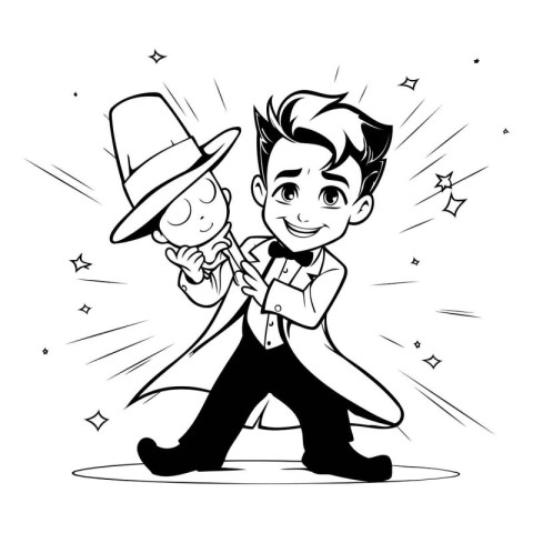 Vector cartoon illustration of a boy in a hat and suit playing t