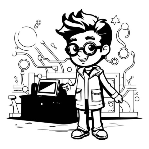 Cute Cartoon boy in the factory. Black and white vector illustra