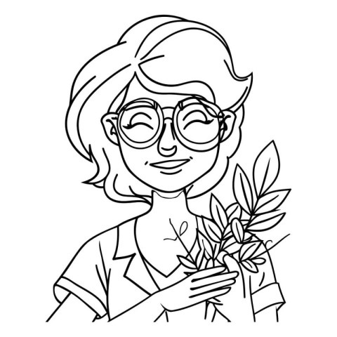 Outline of a woman with glasses holding a plant in her hands