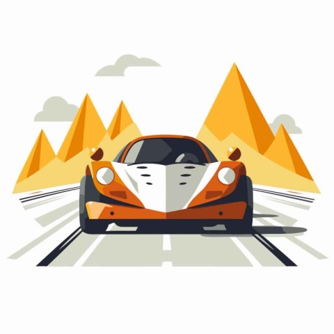 Car on the road in the mountains. Vector illustration. Flat styl