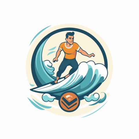 Vector illustration of a surfer on a surfboard in the circle.