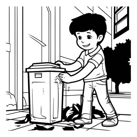 Boy throwing garbage in the trash can. Black and white vector il