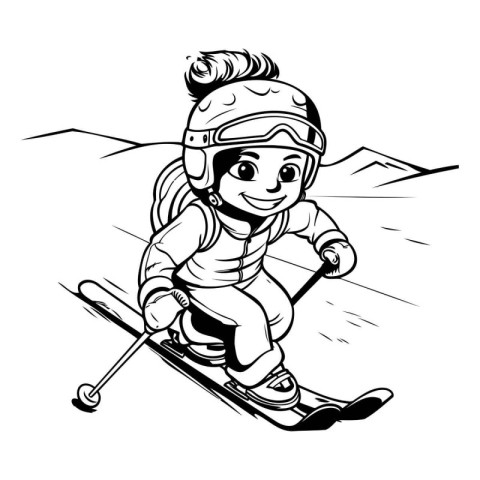 Skiing boy - black and white vector illustration for coloring bo